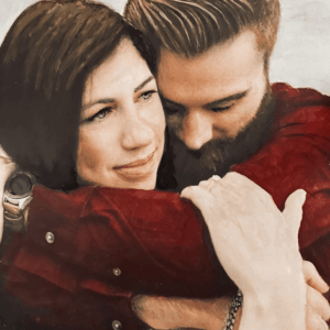 Couple engaged, he holds her from behind
